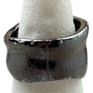 Chico’s‎ Black Hammered Metal Wide Cuff Bracelet Hinged Rhinestone Accents